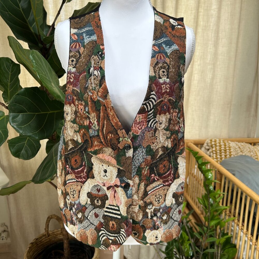Whimsical Storybook Teddy Bear Tapestry Vintage Vest Cottagecore Artwear L